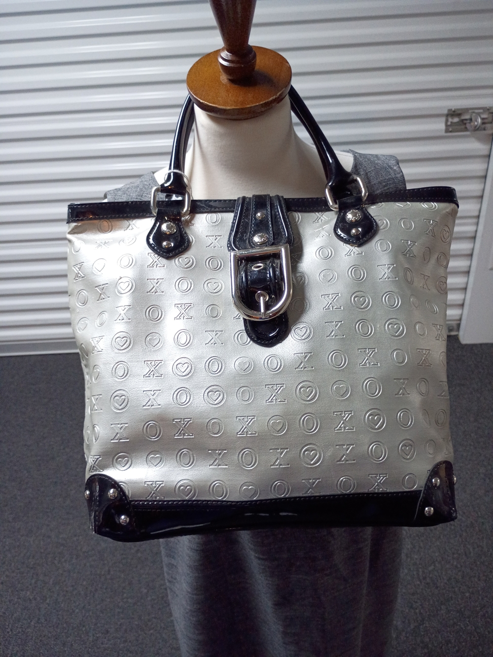 XOXO Metallic Silver Tote Bag with Black Trim